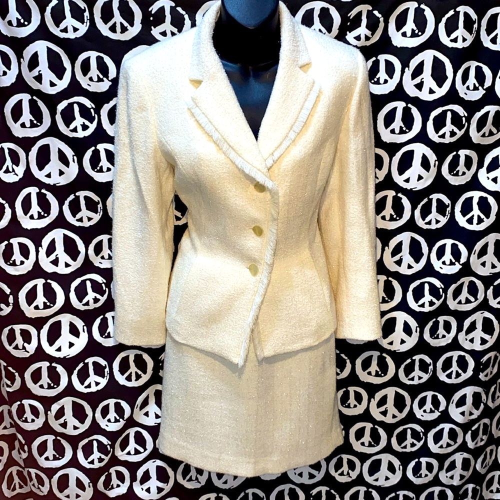 KASPER ASL PETITE CREAM SHIMMER SKIRT SUIT SZ 6P